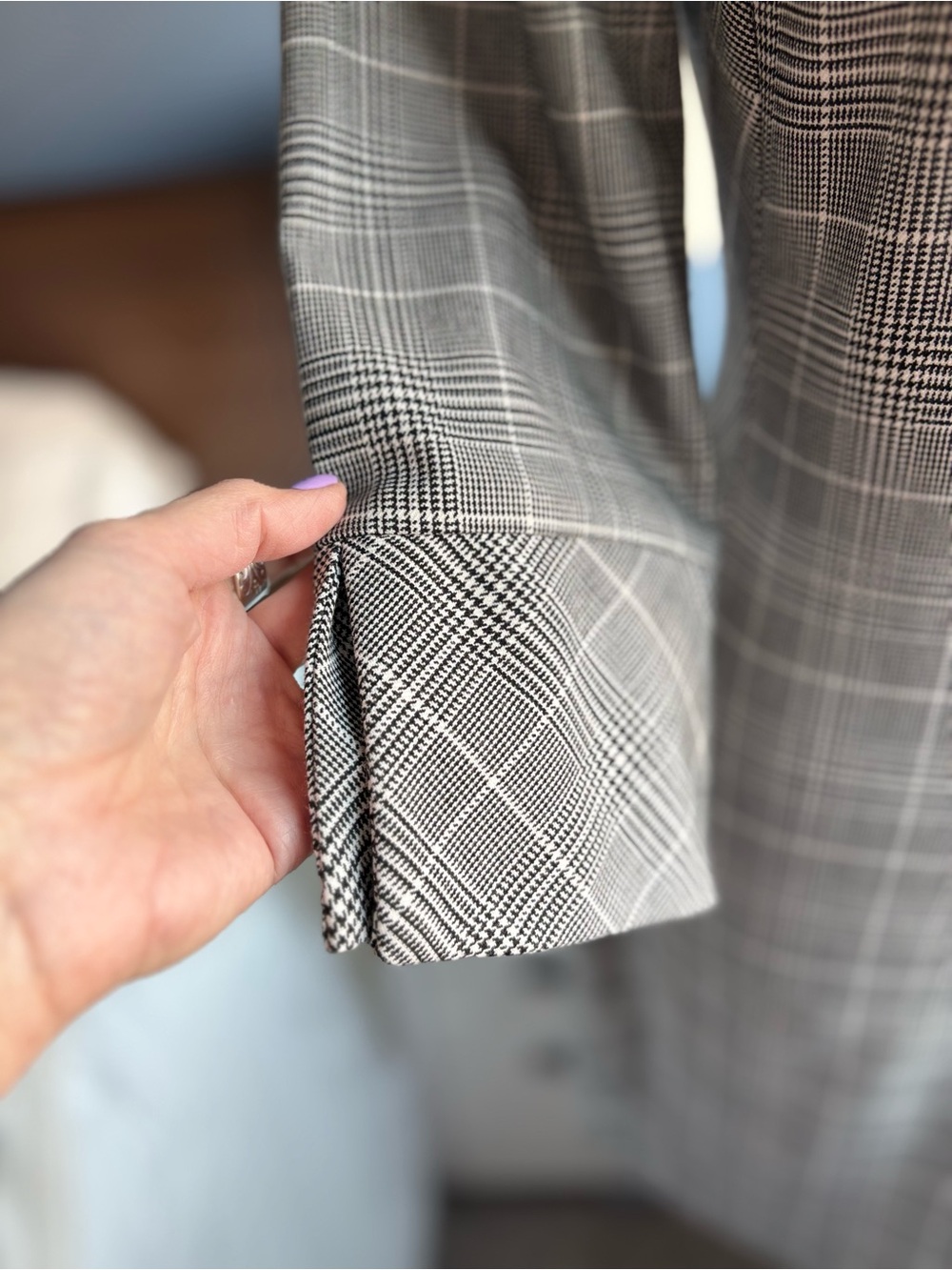 H&M Glen Check Plaid Houndstooth Ballet Neck 3/4 Sleeve A-Line Shift Mini Dress - Picture 8 of 15